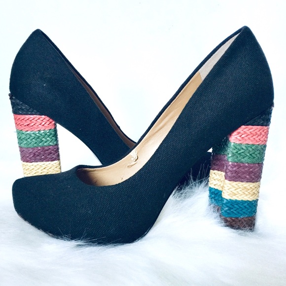 Nine West Shoes - NINE WEST | Pumps Black Canvas Rainbow Woven Heel